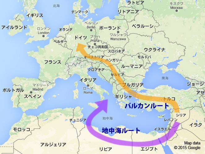 欧州へ向かうルートの地図