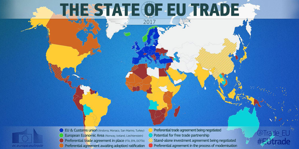 EUが牽引する自由貿易圏マップ、濃青と緑が完全な自由貿易圏、これに濃茶・茶（批准待ち）が協定を締結した国・地域で、日本もEPA合意により茶色の地域となる。 European Union 2017